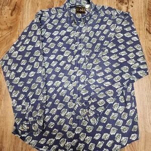Men's Navy Patterned Button-Up Shirt - Leaf Print